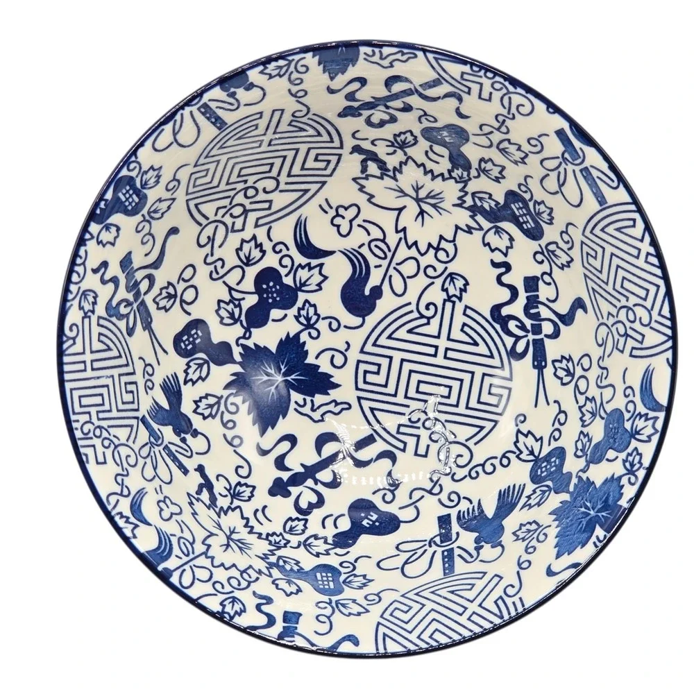 SH Home 42oz Blue Ceramic Ramen Noodle Soup Bowl Chopsticks Spoon Chinese Motifs